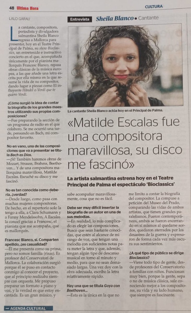 Muchísimas gracias a #LaloGarau por esta entrevista de mi primera vez cantando en el @teatreprincipal de #PalmadeMallorca acompañada por el gran pianista Francesc Blanco. ¡Qué ilusión todo! #Bioclassics @euroclassics4 @UltimaHoracom