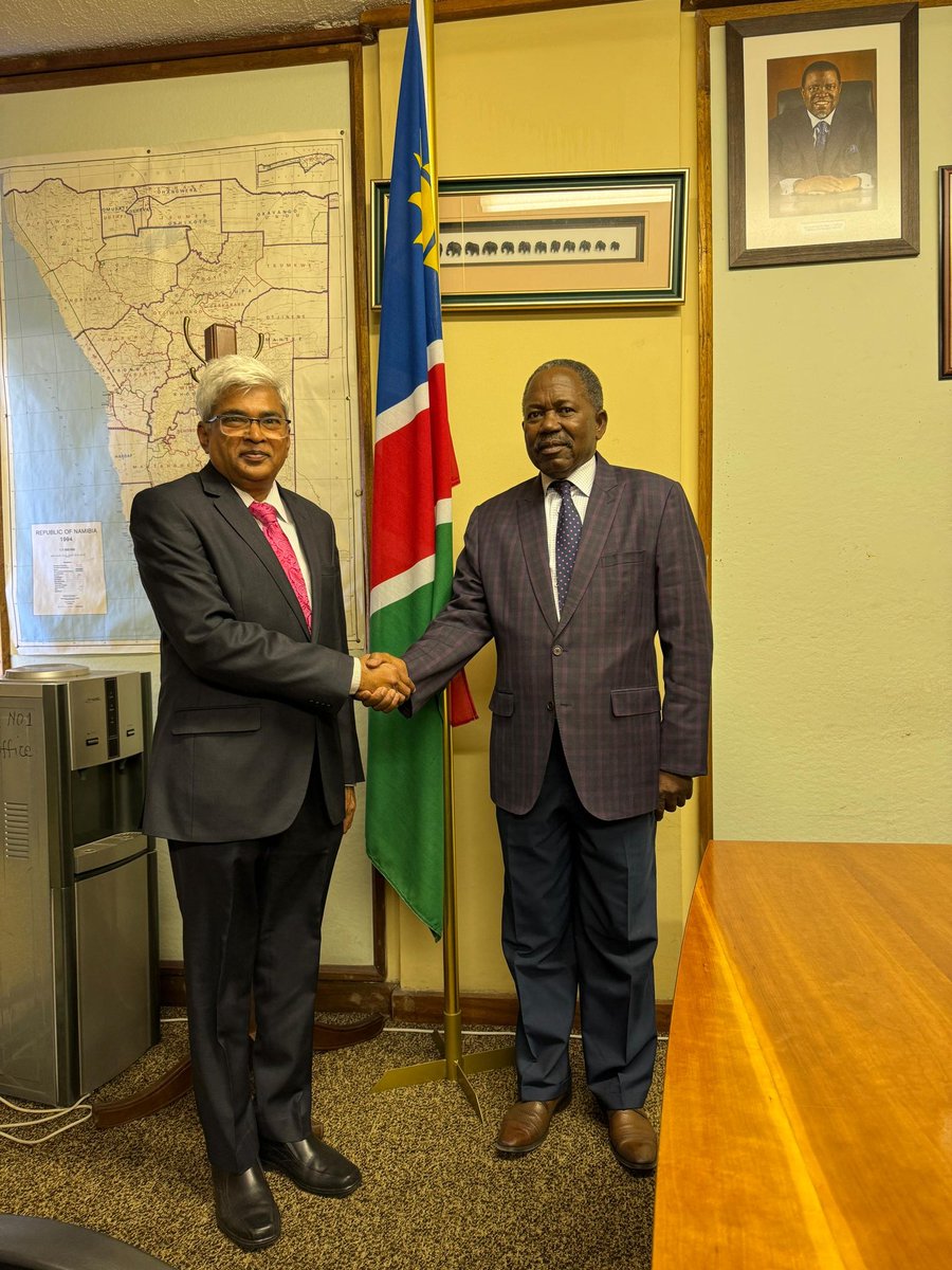 HC Mandarapu Subbarayudu paid a courtesy call on Hon'ble Frans Kapofi MP, Minister of Defence and Veterans Affairs. They reviewed issues of bilateral cooperation between India and Namibia, and explored ways to further deepen the engagement. @IndianDiplomacy