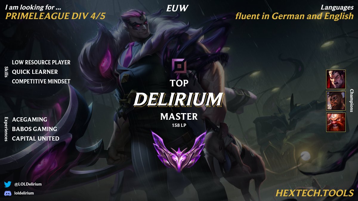 After my last split with <a href="/BerlinCue/">Capital United eSports e.V.</a> i'm once again LFT for the upcoming Primeleague summer split. For further information feel free to send me a DM.

<a href="/lft_prm/">LFT PRM</a>