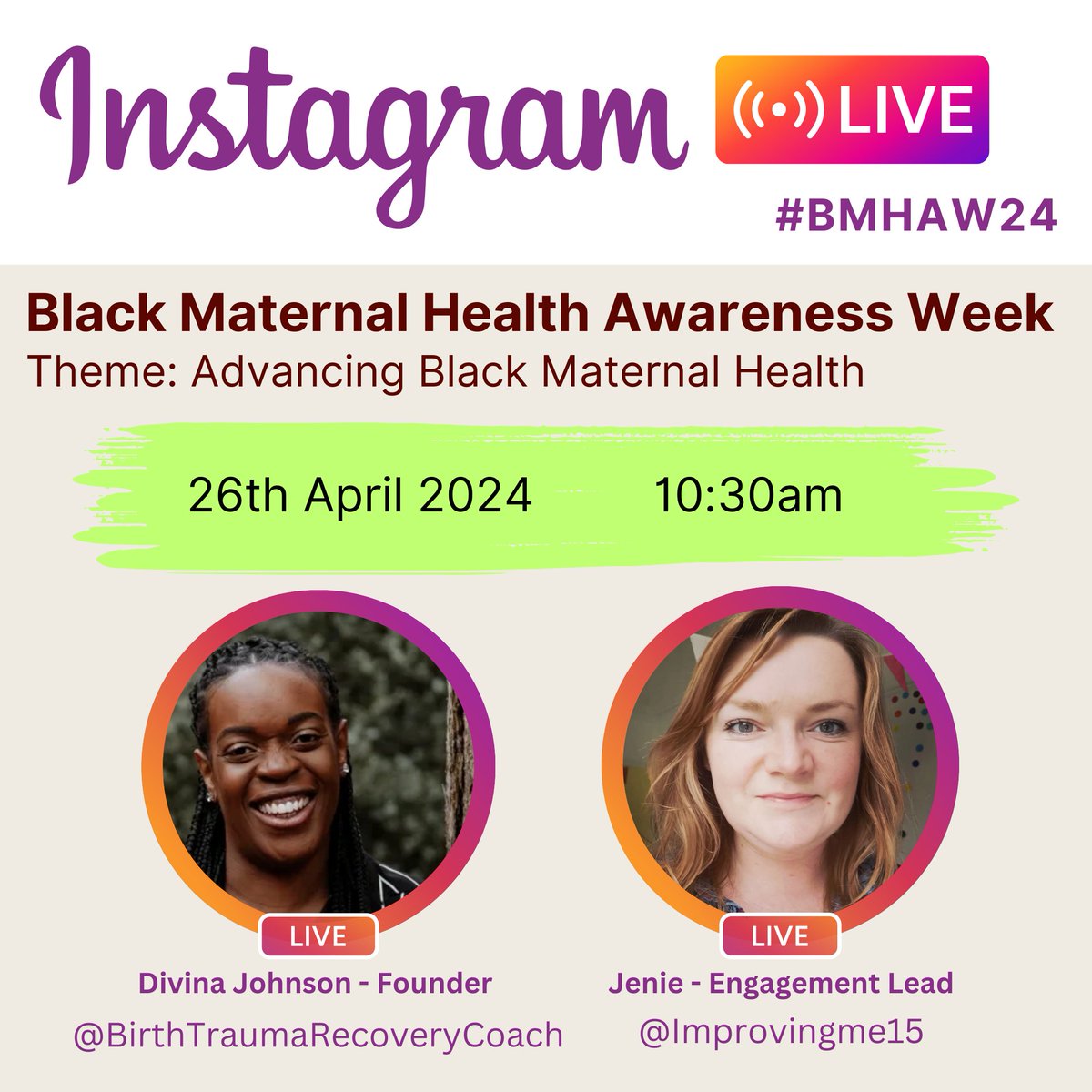 On Friday we will be going live on our Instagram with Divina Johnson, Birth Trauma Recovery Expert. 📍 Friday 26th April ⏱️10:30 am 🔗instagram.com/improvingme15 Join us #BMHAW24 #BirthTrauma