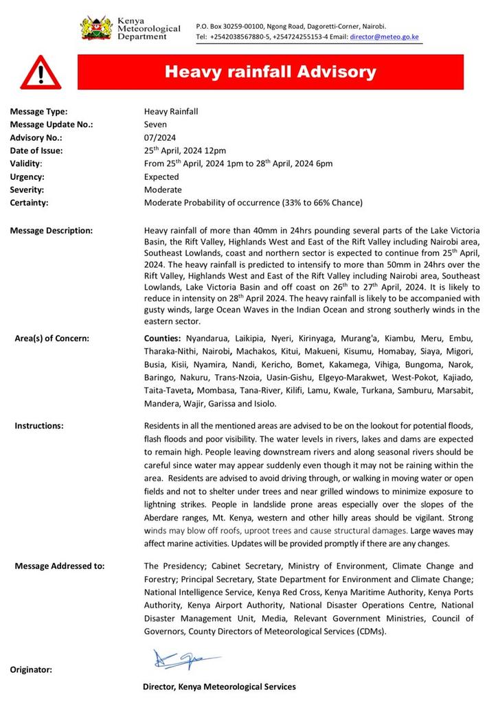 HEAVY RAINFALL☔ ALERT⚠️⚠️ Kenya MET issues advisory on heavy rainfall in all 47 counties with possibility of #flooding. A season of torrents. Stay safe.