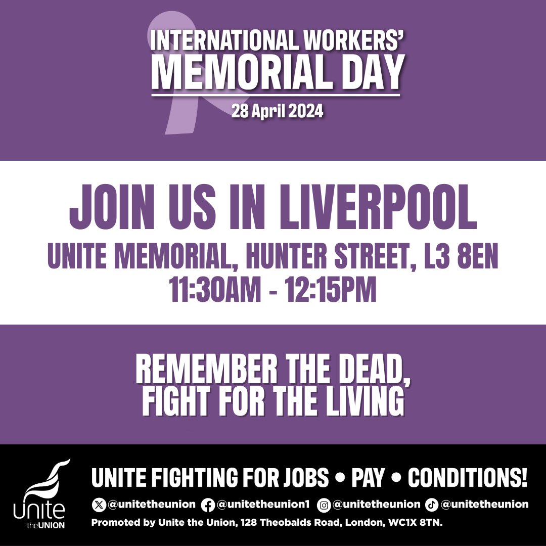 28 April is #WMD24, the day we remember workers lost to workplace illness or injury. Join us in Liverpool on Sunday 28th April to Remember the Dead, Fight for the Living. 🌹🛠️