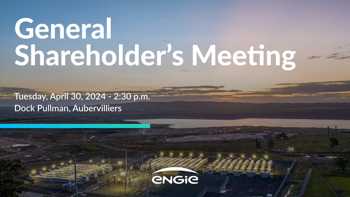 🗓 Mark your calendars! ENGIE's Shareholders' Meeting will be held on Tuesday, April 30, 2024 at 2:30 p.m., at Dock Pullman, in Aubervilliers (93). It will be broadcast live on ENGIE's website ▶ engie.com/en/general-mee…