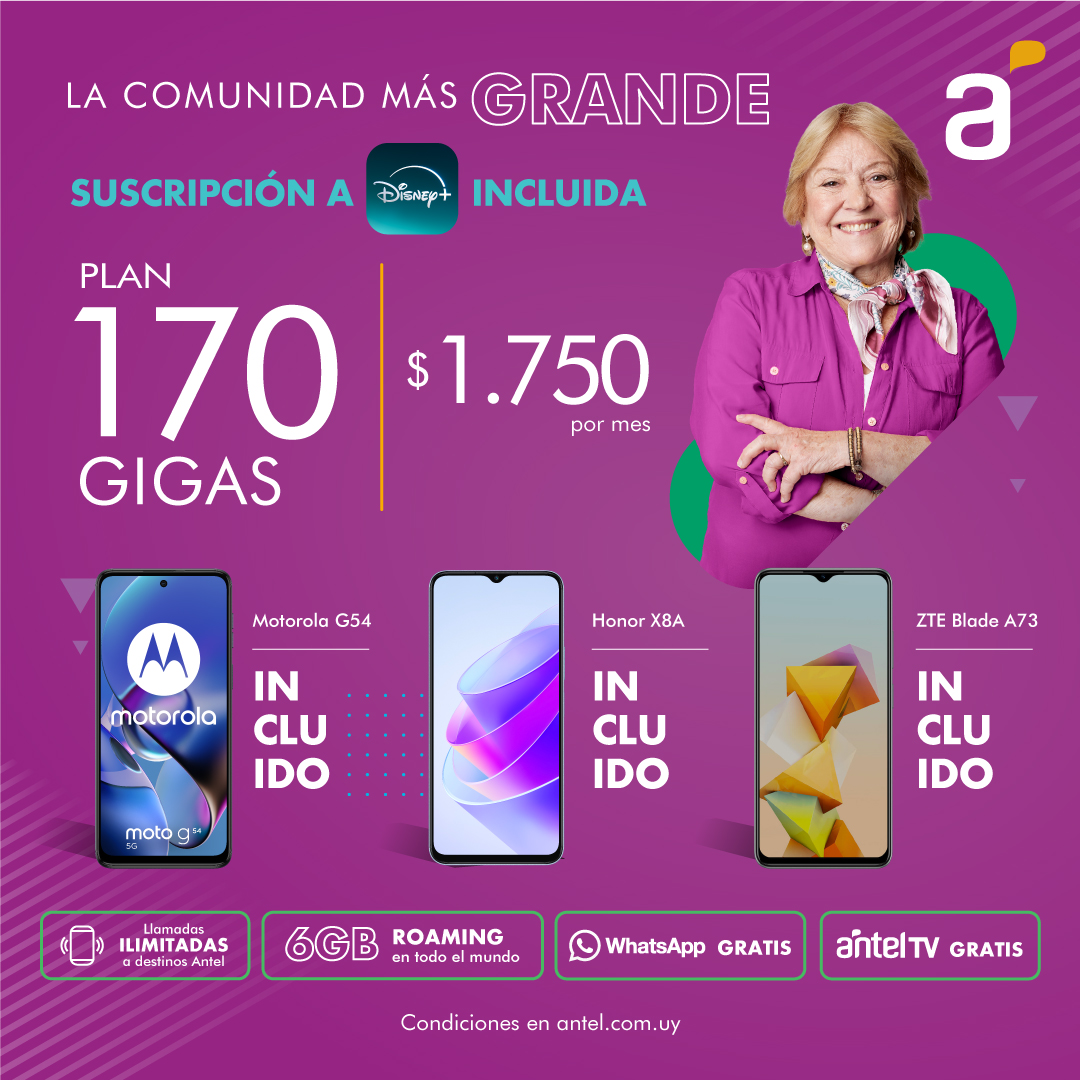 Con Antel tenés 170 gigas y los mejores beneficios por $1.750 por mes. 📲🙌 Llevate uno de los equipos incluidos y disfrutá de Disney+, llamadas ilimitadas a destinos Antel, roaming de datos en todo el mundo, WhatsApp y Antel TV gratis. +info en: bit.ly/Antel170GIGAS