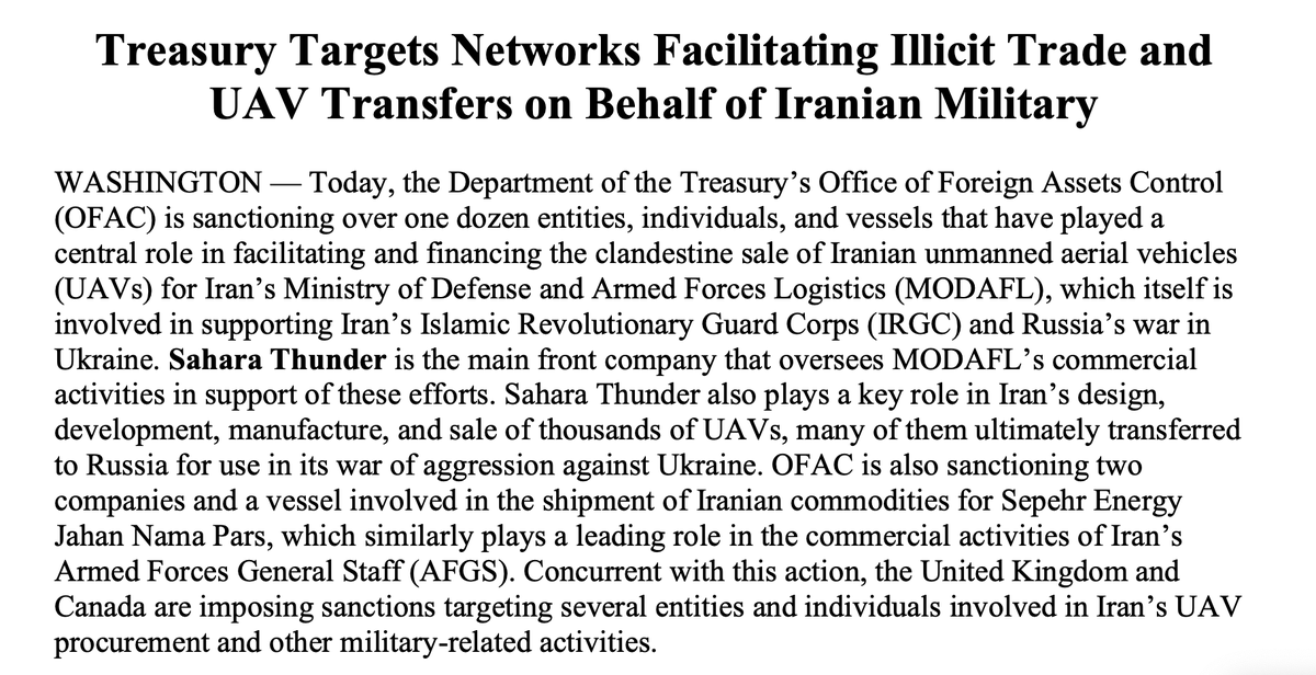 BREAKING: US Treasury sanctions over a dozen entities, individuals, and vessels linked to the clandestine sale of drones for Iran’s Ministry of Defense and Armed Forces Logistics.