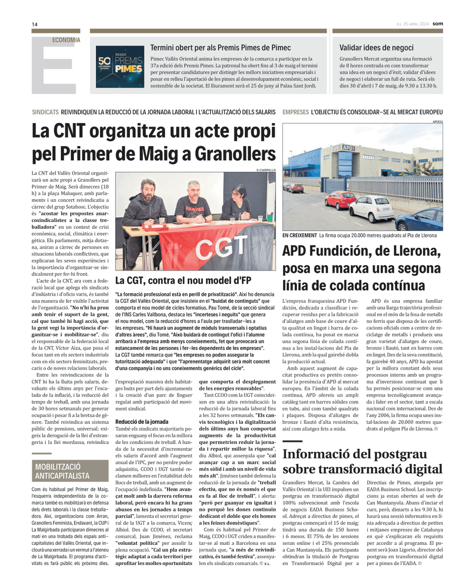 CNTValles's tweet photo. 📰 Notícia sobre el Primer de Maig al @DiariSomGRN d'avui

#1deMaig #SindicalismeCombatiu
#VallèsOriental #ComptaAmbCNT https://t.co/NYSPMY0QZm