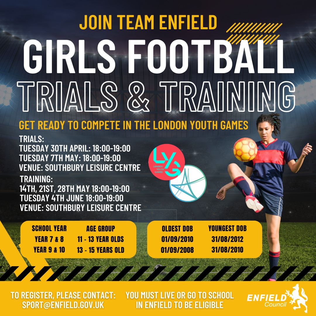 🌟 Don't miss out! Register now for London Youth Games 2024 Girls Football trials and training! Register now - Contact sport@enfield.gov.uk ⚽️ #LondonYouthGames #GirlsFootball #EnfieldCouncil