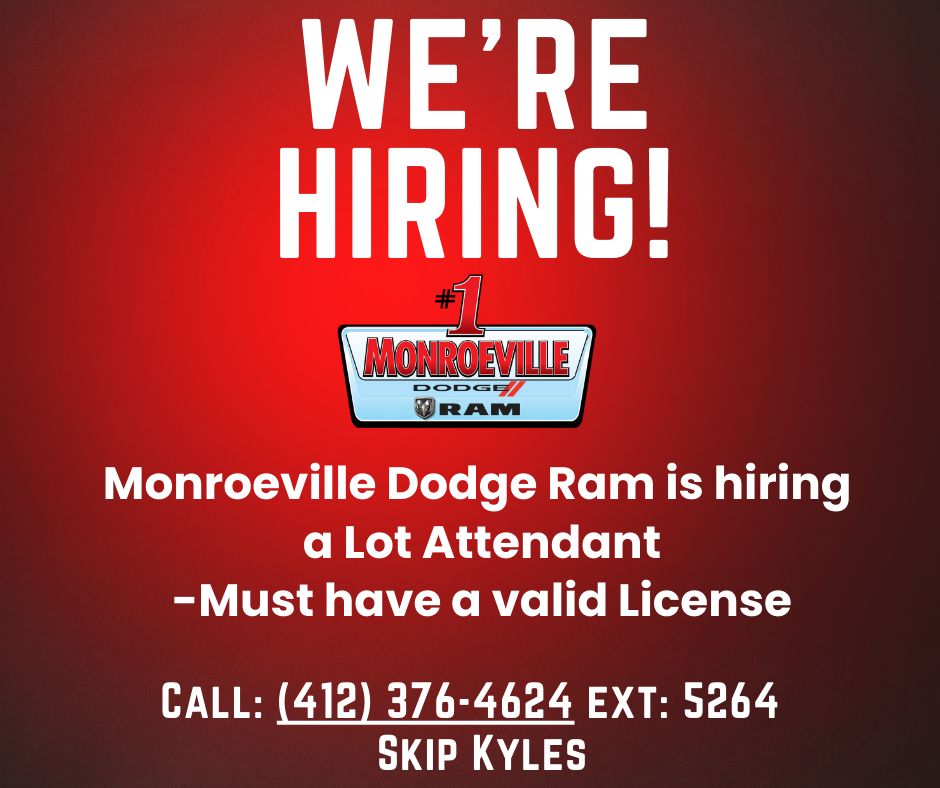 PghDodge's tweet photo. We're hiring a Lot Attendant, please give us a call if you are interested! Must have a valid license

#MonroevilleDodgeRam #JobPosting #Pittsburgh https://t.co/l8C2R1Hzqw