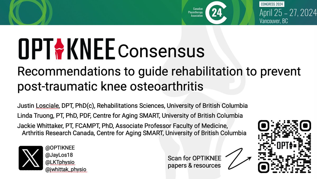 Very excited to finally be sharing the @OPTIKNEE consensus today at home during day 1 of @PhysioCan #CPACongress2024 with @LKTphysio & @JayLos18 It will be a great session with lots of discussion/examples for incorporating into real-world practice