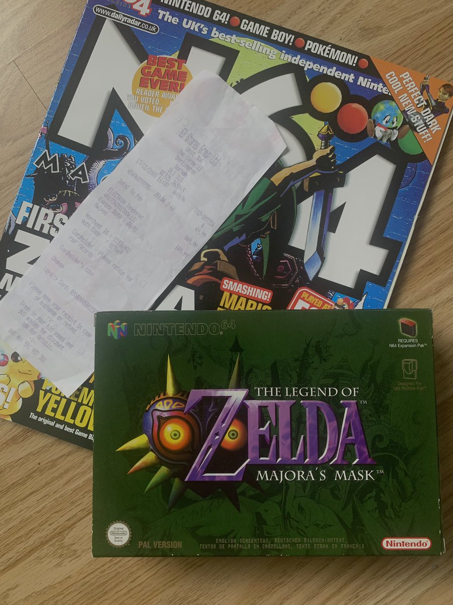 My childhood copy of Majora’s Mask with the launch day EB receipt. I remember going straight to EB after school that day, my friend brought his CRT to my house and we both played it all weekend. Can’t believe it was over 20 years ago 😅