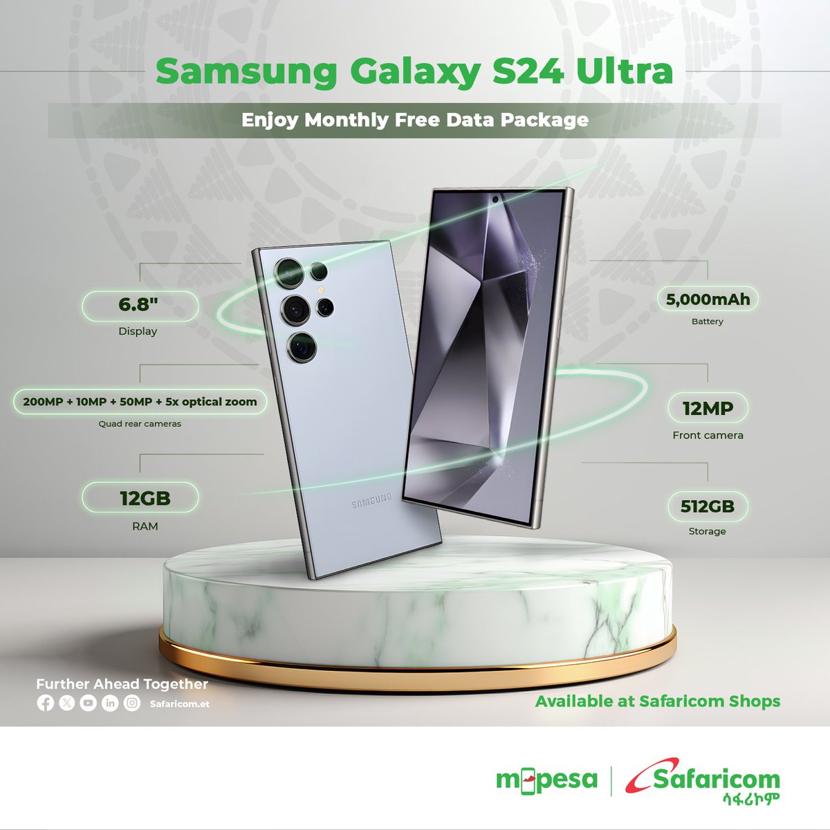Experience mobile AI at its finest & stay connected like never before. Samsung Galaxy S24 is now available at Safaricom Ethiopia Shops! #MPESASafaricom #SafaricomEthiopia #Furtheraheadtogether