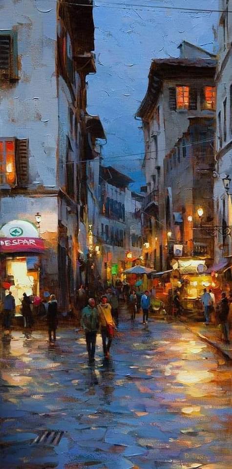 Dmitri Danish (Ucraniano, nacido en 1966) 'Florencia en la noche', 2017. Pintura al óleo con cuchillo sobre lienzo, 36' × 18'.