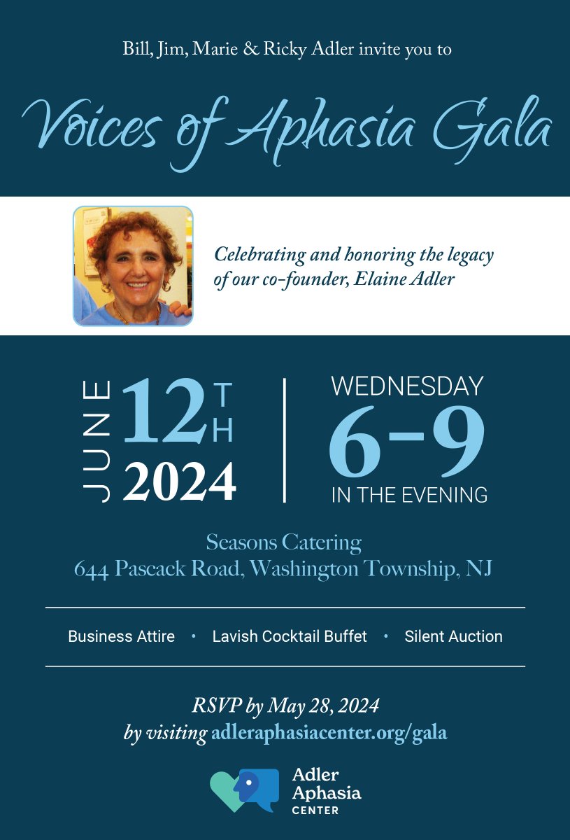 You're invited to our Voices of Aphasia Gala, celebrating the legacy of Elaine Adler! You won't want to miss this memorable evening with our community ✨ Please RSVP by May 28 online via: adleraphasiacenter.org/gala #aphasia #washingtontownshipnj #njevents #NJCharity #njnonprofit