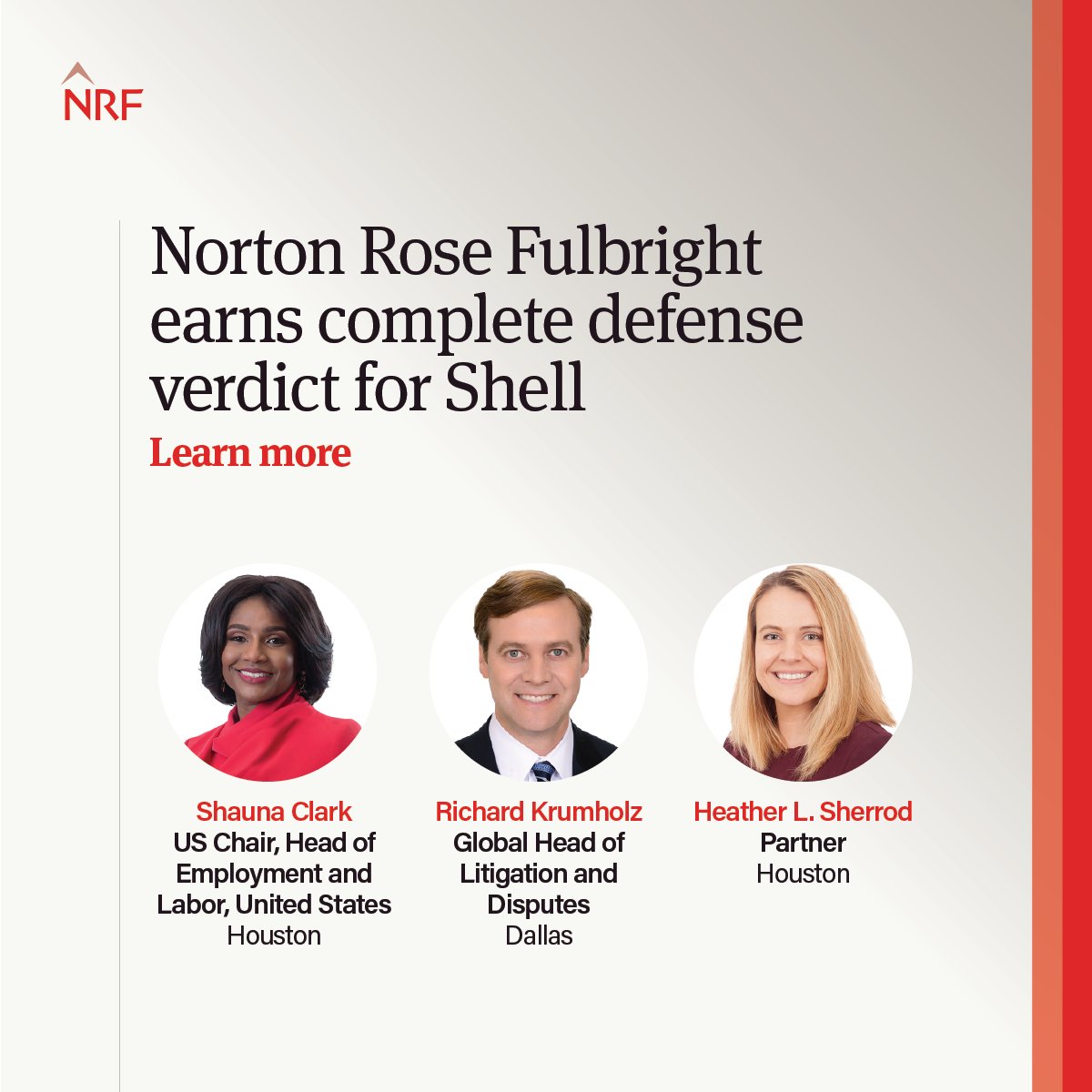 A litigation team led by Shauna Clark, Richard Krumholz and Heather Sherrod obtained a complete defense verdict for longtime client Shell. ow.ly/GqFO50RnBxl