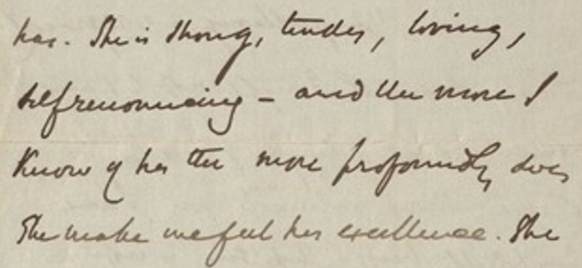 Need help deciphering a word (or words) in an 1876 @ProfTyndall letter; he is referring to his newlywed, Louisa: 'She is strong, tender, loving, [XXXX]—and the more I know of her the more profoundly does she make me feel her excellence'. Any ideas? #histsci #TranscriptionTroubles