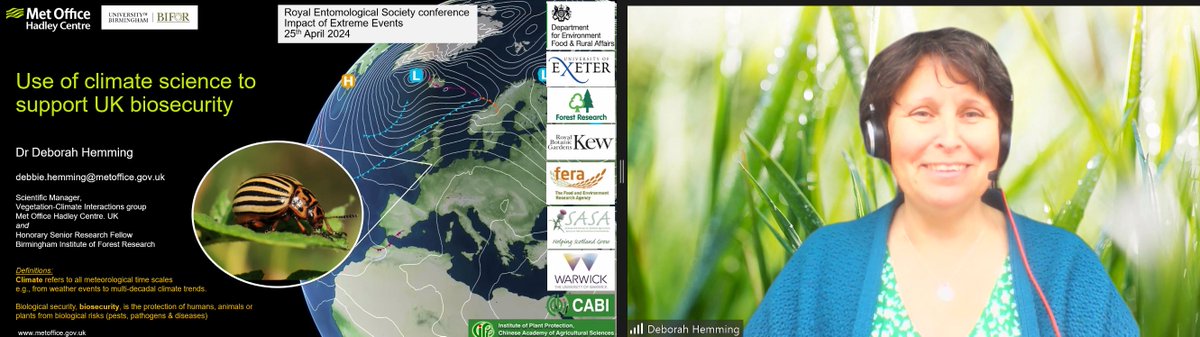 RoyEntSoc's tweet image. The third and final session of our hybrid conference on ‘The impact of extreme events’ @QMUL starts with @Debbie_Hemming_ of @metoffice &amp;amp; @unibirmingham, presenting research on the use of #ClimateScience to support UK biosecurity.

#RESExtreme24 🧵