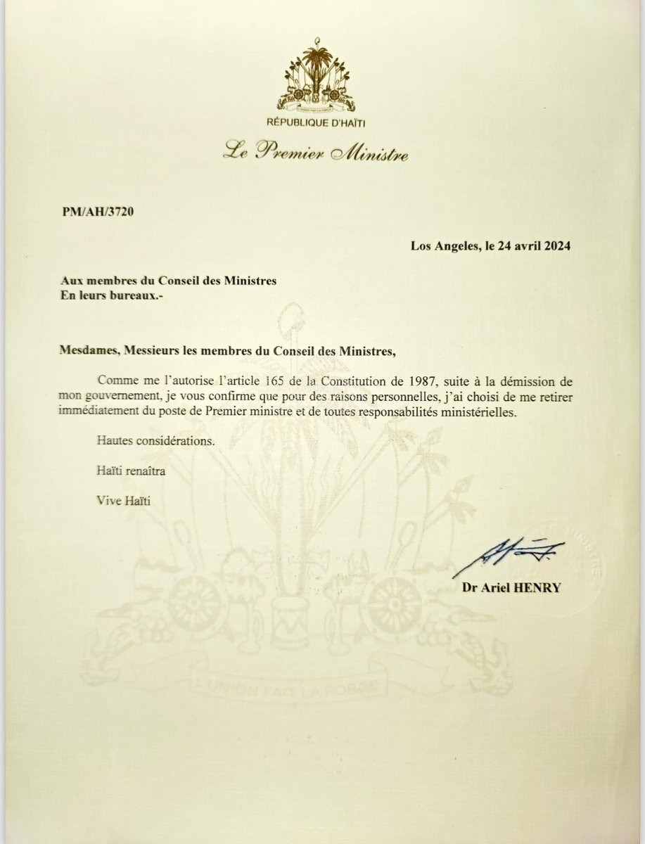 Lettre de retrait du <a href="/DrArielHenry/">Dr Ariel Henry</a> du poste de Premier ministre et de toutes responsabilités ministérielles

#Haïti