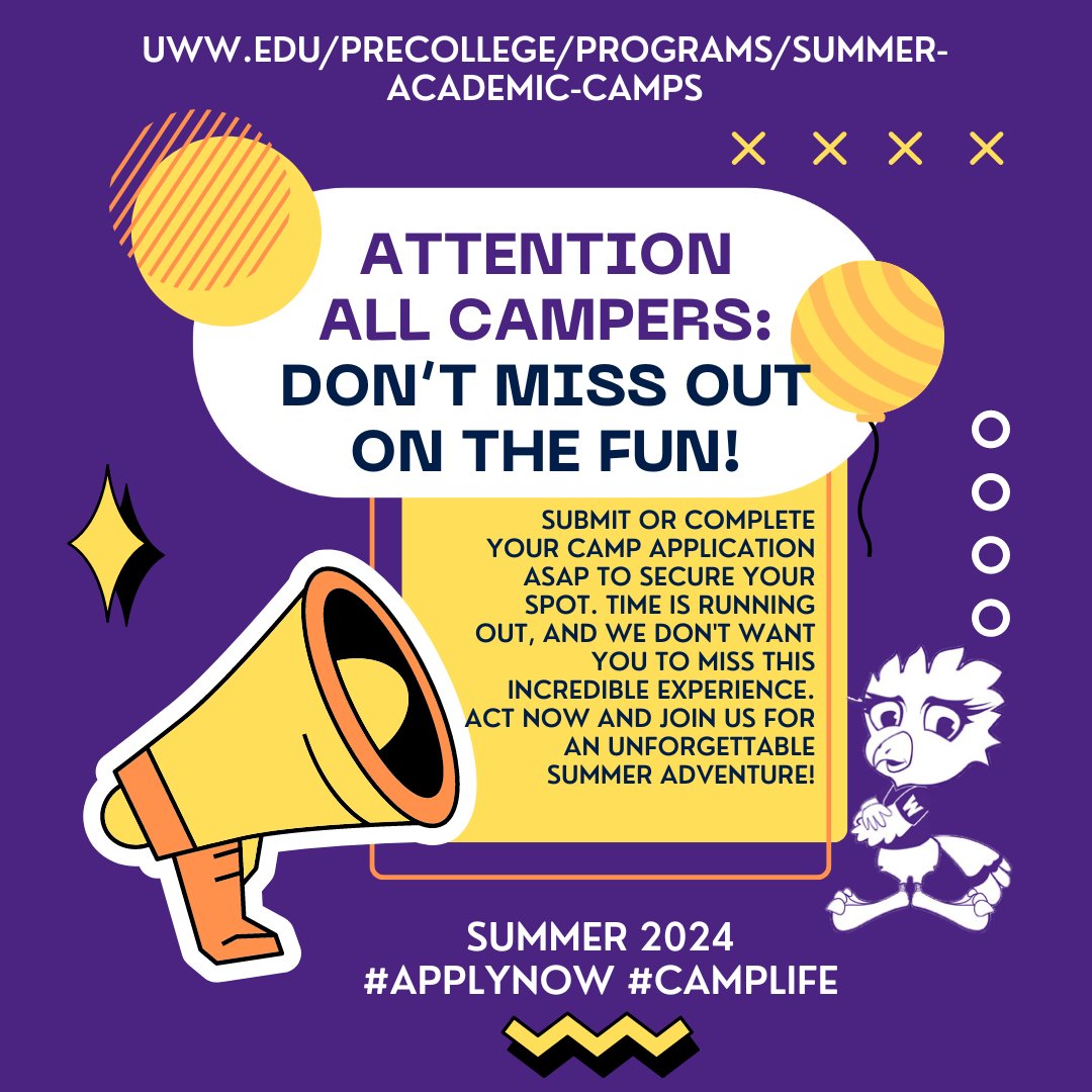 UWWPreCollege's tweet image. Complete your camp application today!  uww.edu/precol.../prog… #uww #uwwprecollege #SummerCamp2024 #camplife