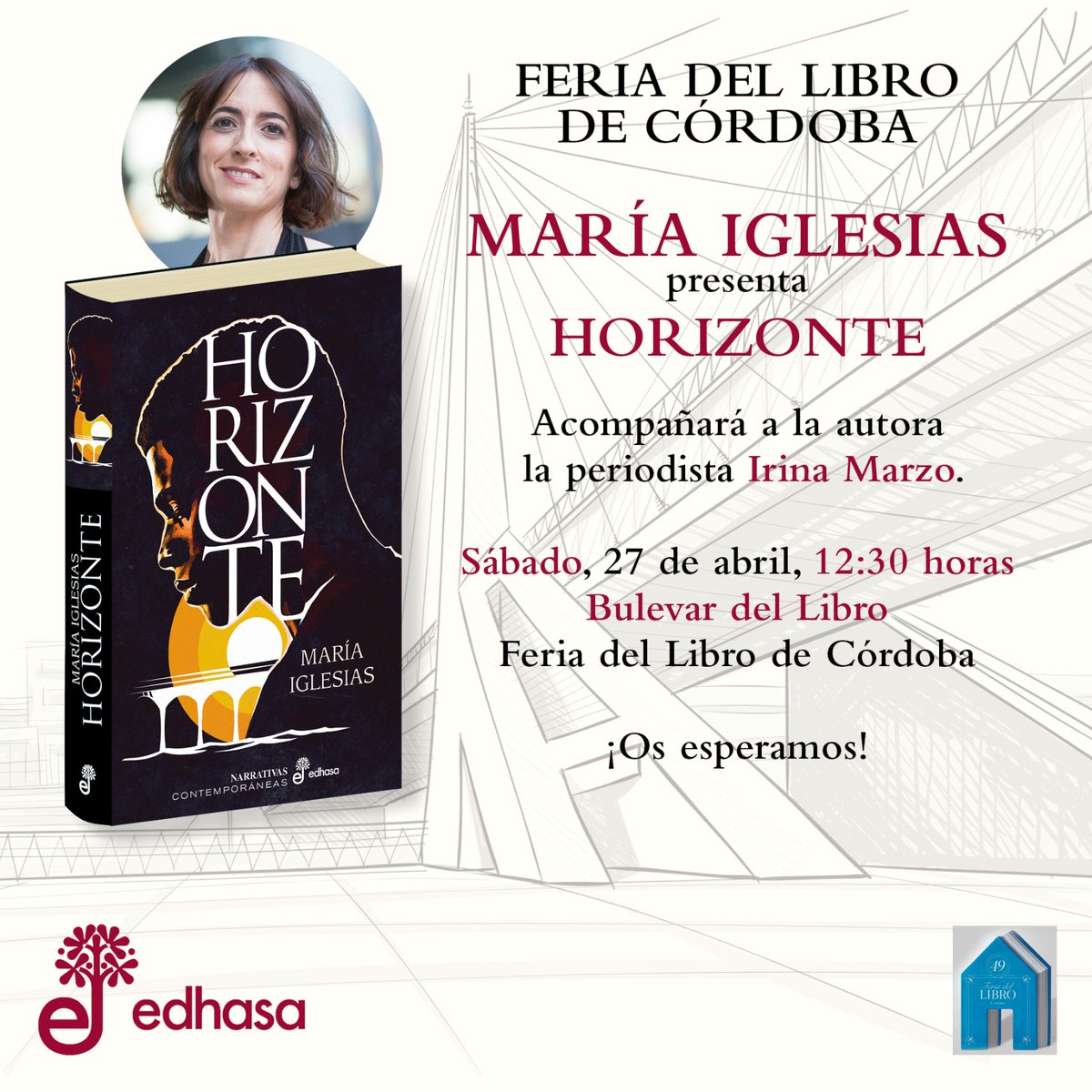 <a href="/MariaIReal/">María Iglesias</a> presenta hoy en la <a href="/FdLCordoba/">Feria del Libro de Córdoba</a> "Horizonte" en compañía de <a href="/Irinamarzo/">Irina Marzo Leiva</a>. Si estás en #Cordoba, ¿por qué no la acompañas y después te llevas un ejemplar firmado de la novela?

¿Qué te parece el plan? 😉