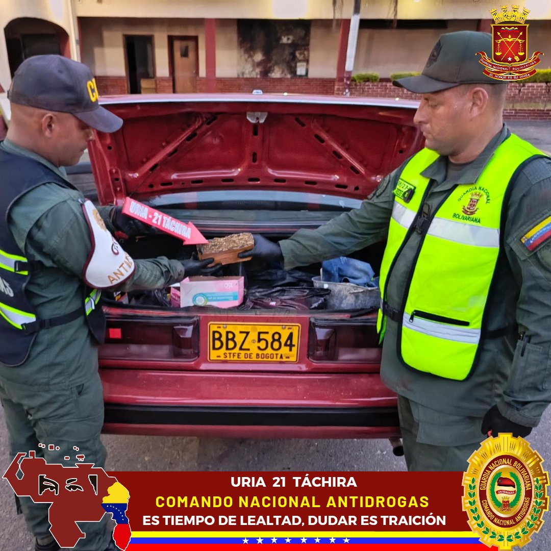 En el “PAC Aduana Subalterna de Ureña”, del Edo. Táchira, incautaron 14 envoltorios de Marihuana con peso de 7,250 Kg; Ocultos en el interior de 08 Cajas de Cartón (Cereales y Protectores Diarios), dentro del maletero de un vehículo. A/O del MP. #CEOFANB #CNA