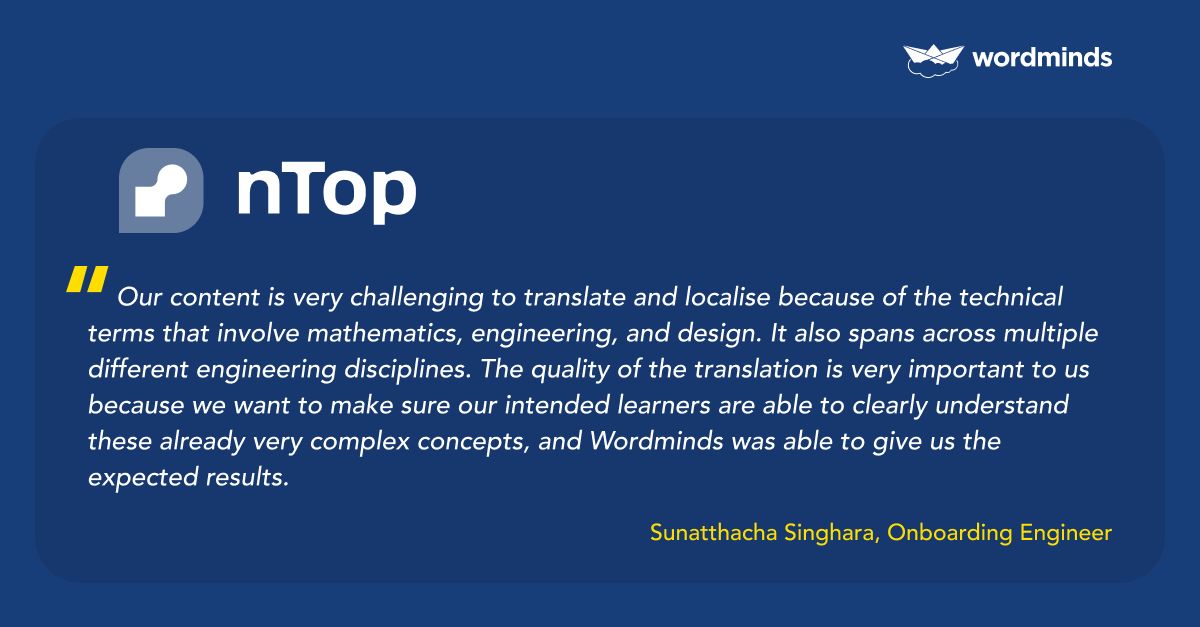 Wordminds_'s tweet photo. Our client testimonial from Sunatthacha Singhara, the Onboarding Engineer at nTop, speaks volumes about our dedication to delivering high-quality translations.

We're so grateful to have met our client's expectations and look forward to more successful collaborations. 🤝🌍 https://t.co/4a3sGD1ize