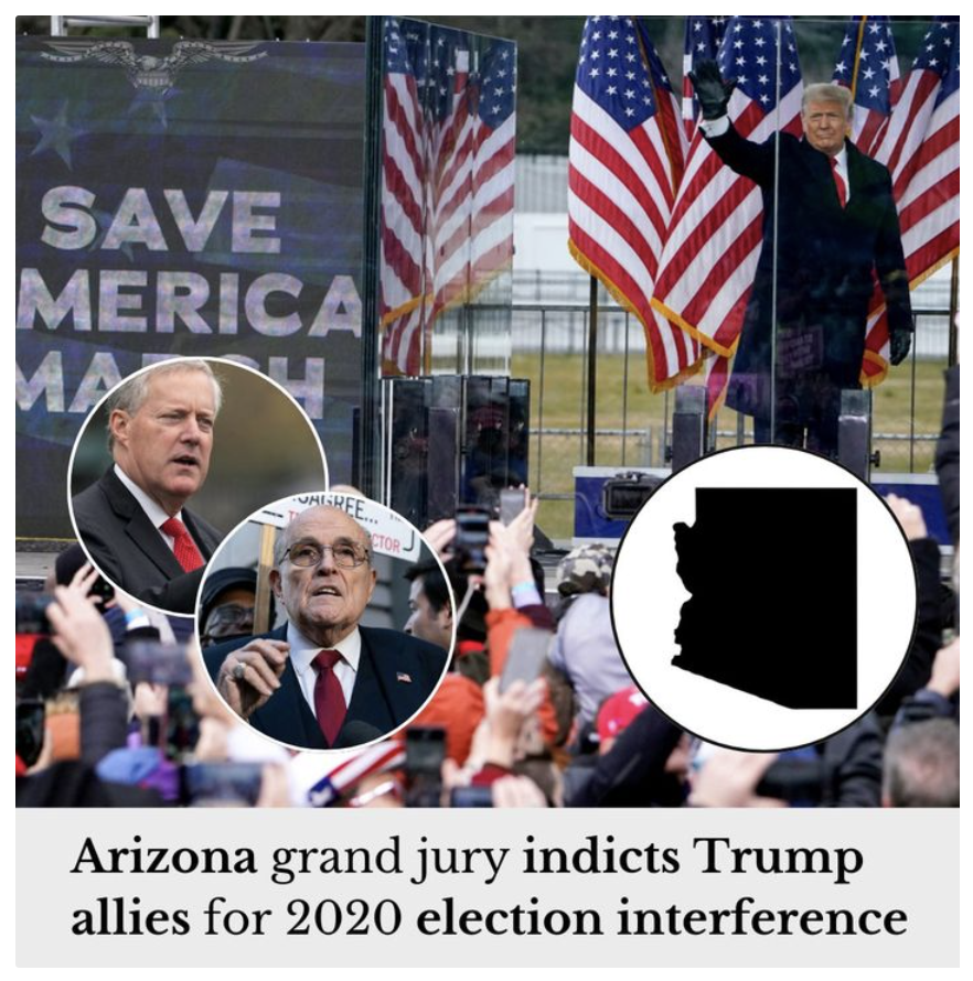 BOOM: Giuliani, Meadows, and a number of others who advised Trump during the 2020 election were indicted in Arizona on Wednesday, along with all of the fake electors who acted on Trump’s behalf there to try to keep him in power despite his loss in the state. Read more here:…