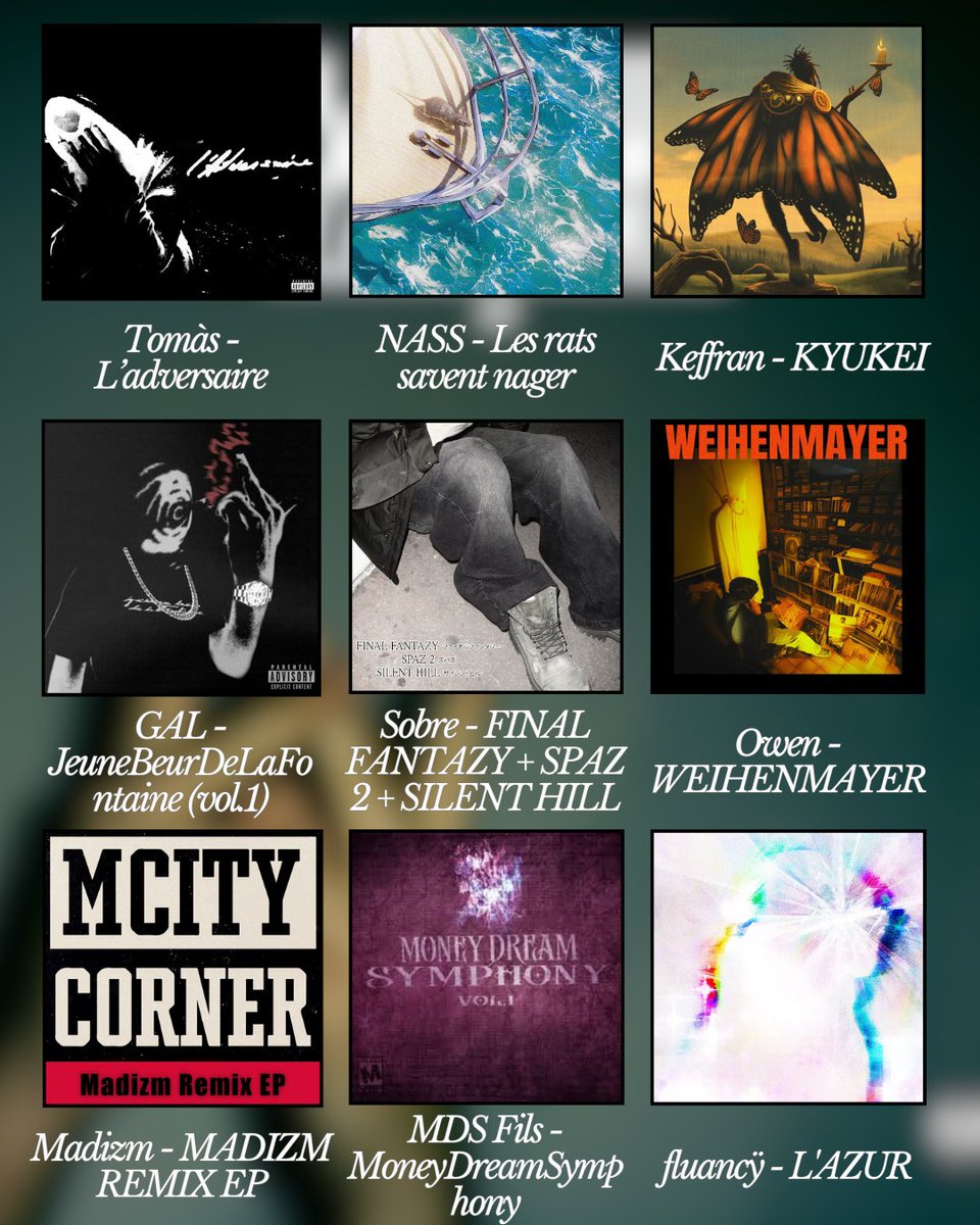 <a href="/wesdot7/">Wesson</a> <a href="/tenshithegreat/">tenshi</a> <a href="/Kaara___3/">Kaara 🎺</a> <a href="/wit_213/">wit.213</a> <a href="/Ratus93/">Ratu$</a> <a href="/GROSMO66/">GROSMO</a> <a href="/stavo_tvx/">STAVO 🚧</a> <a href="/athosmeraki/">athos 🇵🇸🚩</a> @keyser18soze <a href="/83organise/">Valser</a> Tomàs - L’adversaire 
NASS - Les rats savent nager  
Keffran - KYUKEI 
GAL - JeuneBeurDeLaFontaine vol.1 / <a href="/galmp3/">GAL</a> 
Sobre - FINAL FANTAZY + SPAZ 2 + SILENT HILL 
Owen - WEIHENMAYER 
Madizm - MADIZM REMIX EP 
MDS Fils - MoneyDreamSymphony
fluancÿ - L'AZUR