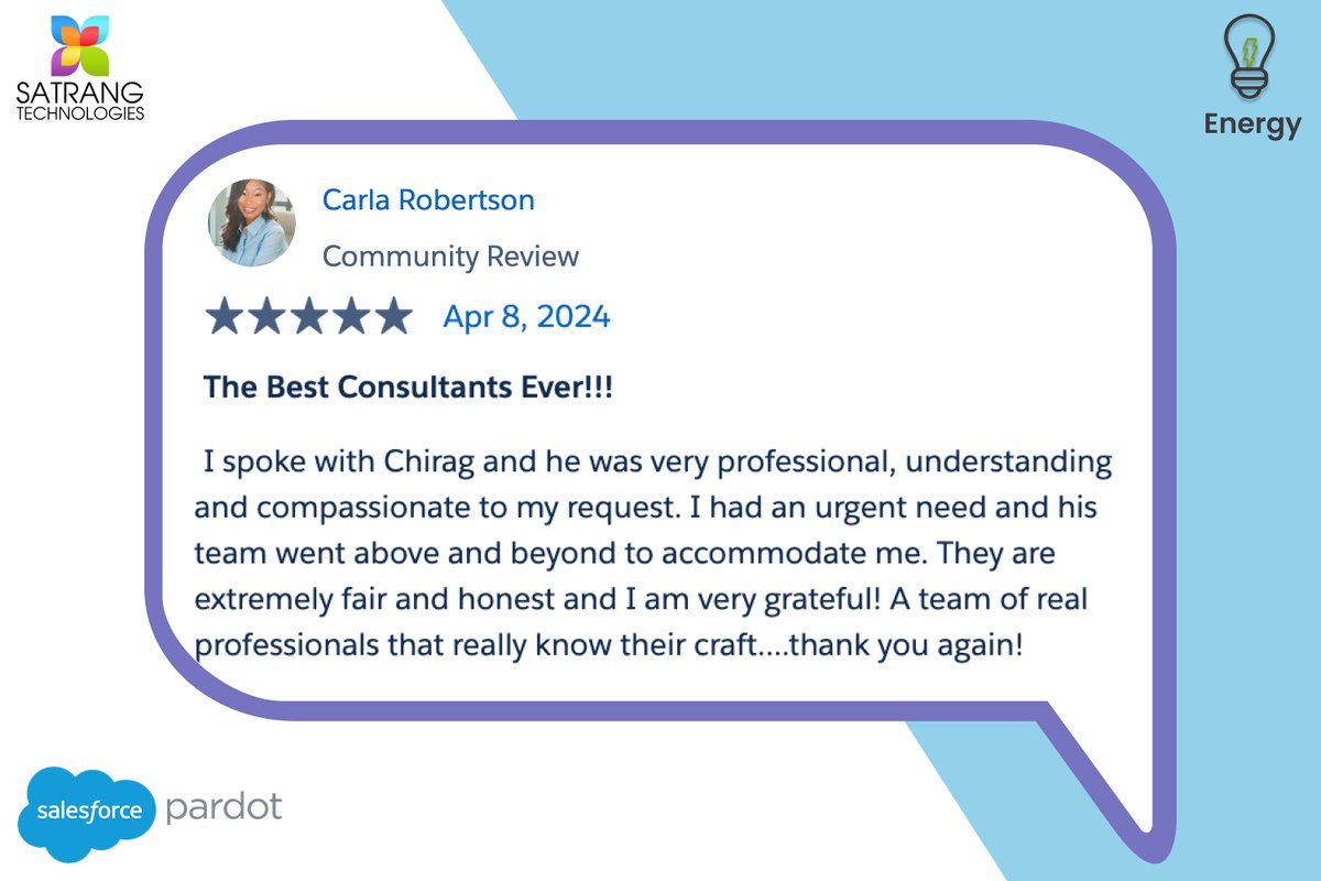 satrangtech's tweet photo. Thrilled to share this glowing review from a valued client in the #Energy Industry! ⚡ 

Thanks, Carla for recognizing our @salesforce Pardot team's dedication, professionalism, and expertise! 

Read more @ https://t.co/wlibGd9X3Q 
#Salesforce #Pardot https://t.co/dA0ppzpYzd