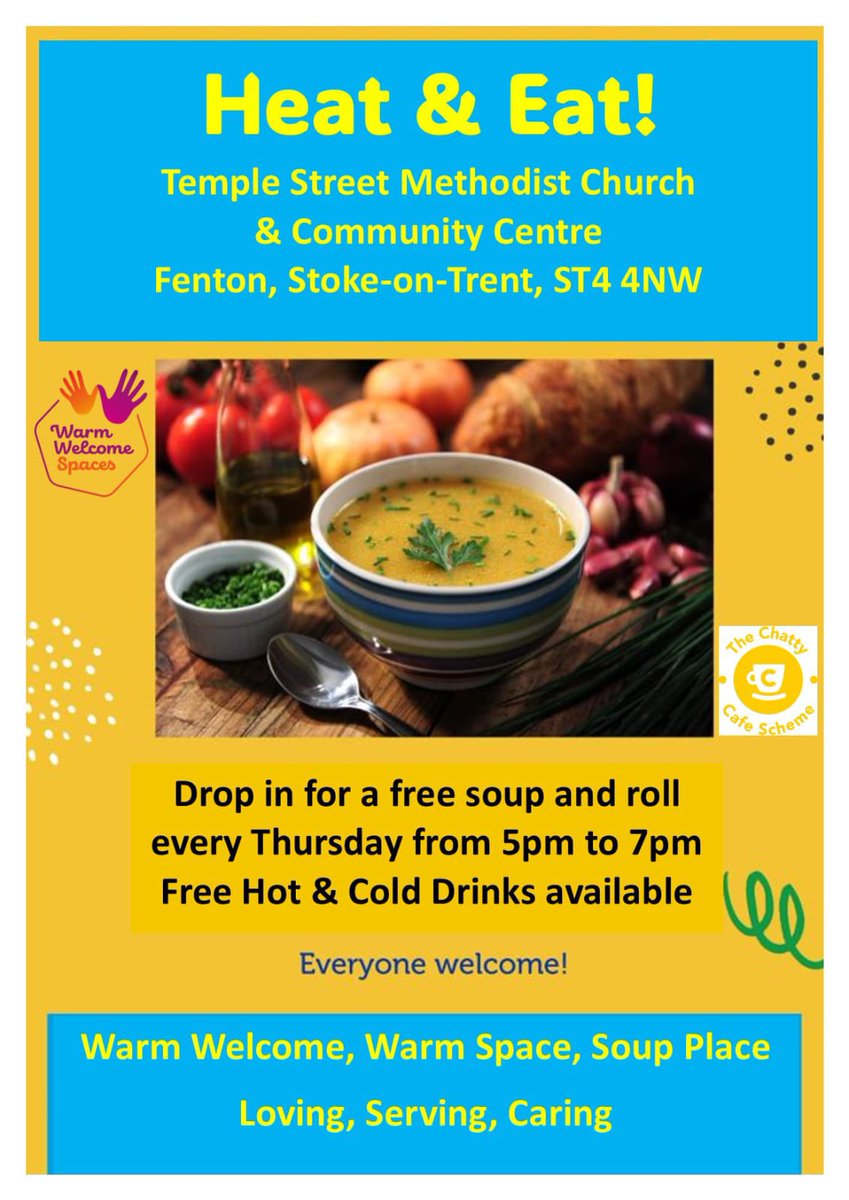 Join us here at Temple Street Methodist Church and Community Centre, at 5.00pm tonight for our @WarmWelcome_UK Warm Welcome Space Heat & Eat. Free soup and roll, magazine to read, board games & colouring in.