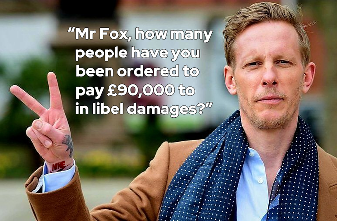 Laurence Fox has been ordered to pay &pound;90,000 in libel damages as he lost a High Court libel case with<a href="/tag/laurencefox"class="tags"><span>#laurencefox</span></a><a href="/tag/lozza"class="tags"><span>#lozza</span></a><a href="/tag/failedfox"class="tags"><span>#failedfox</span></a>