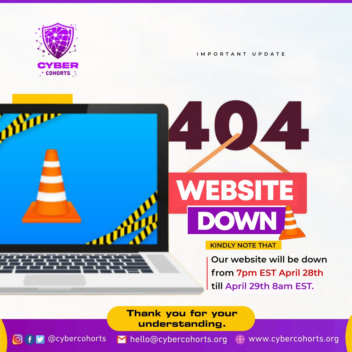 ⚠️ Website Maintenance Notice ⚠️

Our website will be down for scheduled maintenance from 7pm EST on April 28th until April 29th at 8am EST. We apologize for any inconvenience. Thank you for your patience! #WebsiteMaintenance #Cybercohorts
