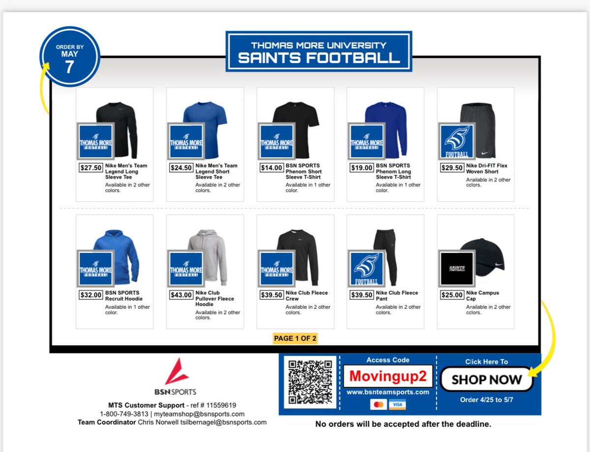 🚨Saints Family🚨
The Thomas More Football team shop has just opened up today and will run through Tuesday May 7th. Use the link below to get your gear for our upcoming season with 7 home games‼️

🔵™️⚪️

#EarnIt

bsnteamsports.com/shop/Movingup2…