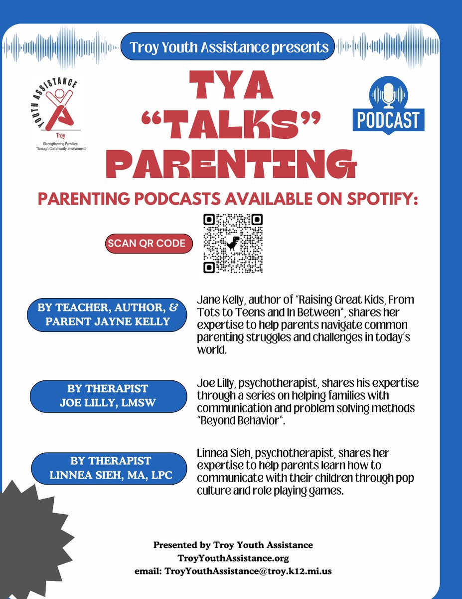 TYAssistance's tweet photo. Check out our informative Parenting Podcasts on Spotify!  We have three different series available by local experts. @troyschools 
TYA Talks on Spotify: https://t.co/3jPvxy8f4M https://t.co/q8dbcAdDik