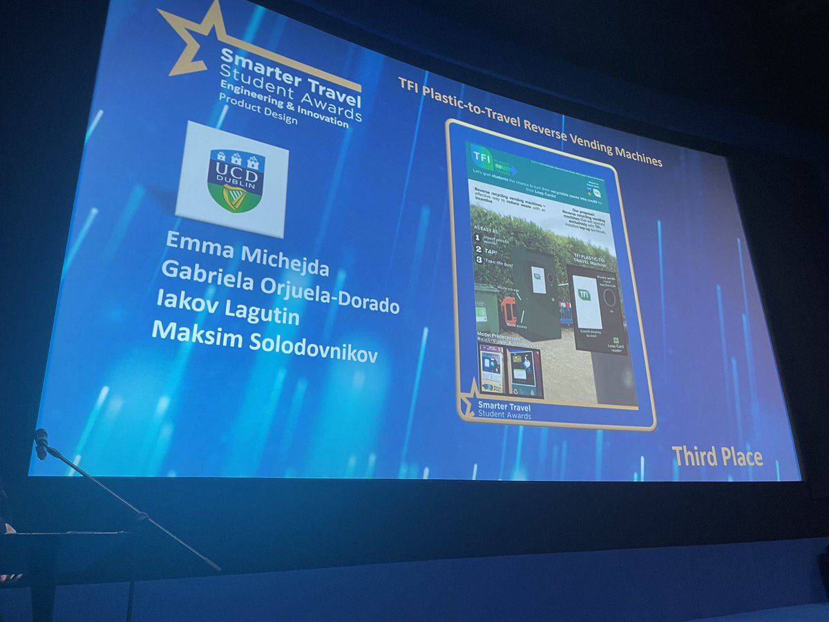 Francesco Pilla (@f_pilla) on Twitter photo Congratulations to some of my Smart Cities students who won the third place prize in the Engineering & Innovation NTA Smart Travel Student Awards with their Plastic-to-Travel reverse vending machine! #smartcities #sustainablemobility <a href="/TFIupdates/">Transport for Ireland</a> Congratulations to some of my Smart Cities students who won the third place prize in the Engineering & Innovation NTA Smart Travel Student Awards with their Plastic-to-Travel reverse vending machine! #smartcities #sustainablemobility <a href="/TFIupdates/">Transport for Ireland</a>