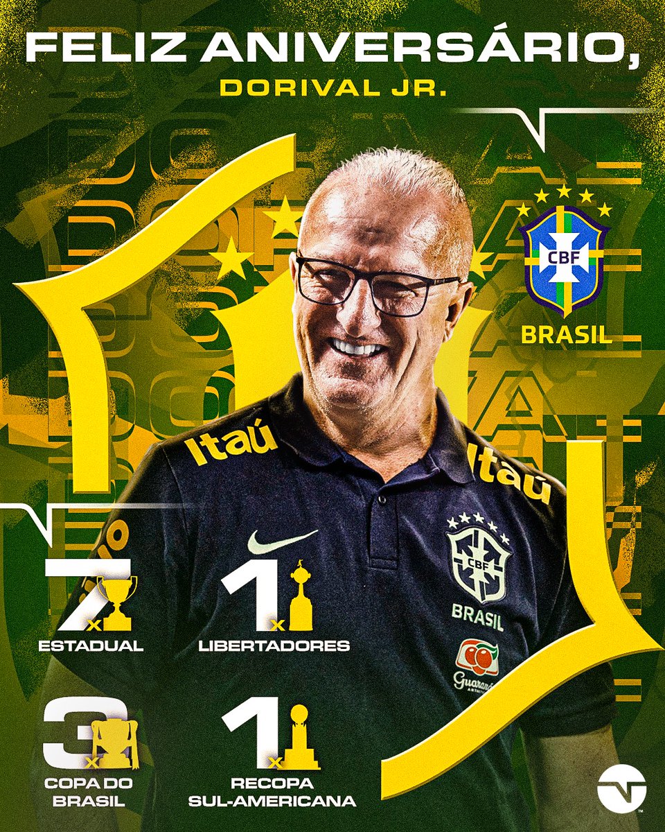 FELIZ ANIVERSÁRIO, DORIVAL! 🥳 O atual treinador da #SeleçãoBrasileira completa 62 anos de vida nesta quinta! Que venham muitos títulos com a Amarelinha! 🏆