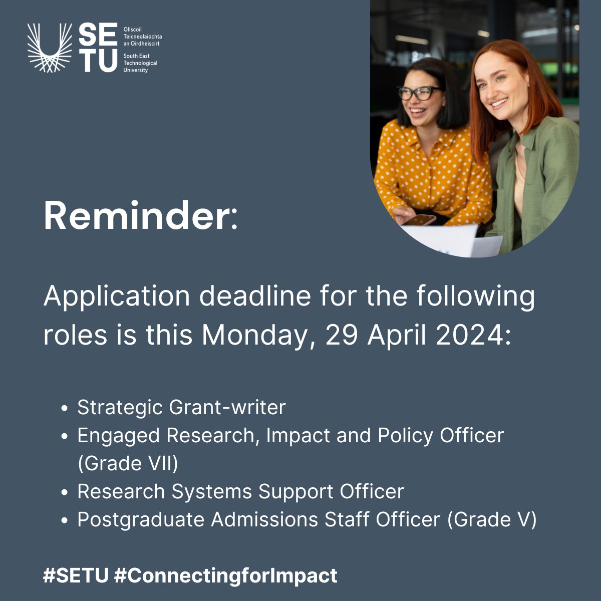 Reminder: Interested in a career in Research Support at SETU? You have until Monday next to apply for one of the following exciting roles, based in Waterford - Ireland's best place to live. To apply, please select your chosen role from the dropdown list at:…
