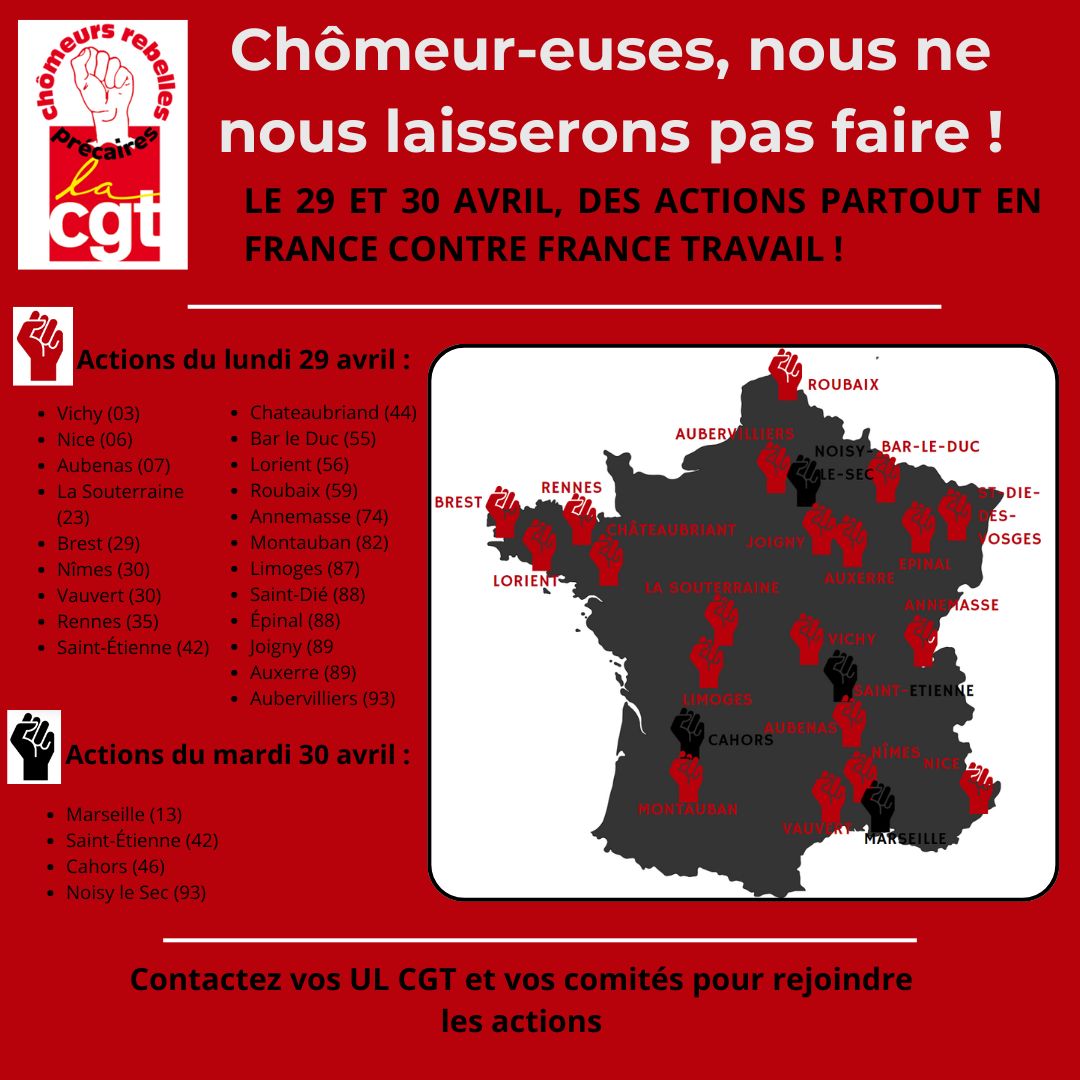 ✊✊29 et 30 avril : APPEL NATIONAL A REJOINDRE DES ACTIONS CONTRE FRANCE-TRAVAIL PARTOUT EN FRANCE ! Face à l'offensive du gouvernement, chômeur-euses et précaires, nous ne nous laisserons pas faire😡 Renseignez vous auprès de vos UL CGT et vos comités pour en savoir plus !