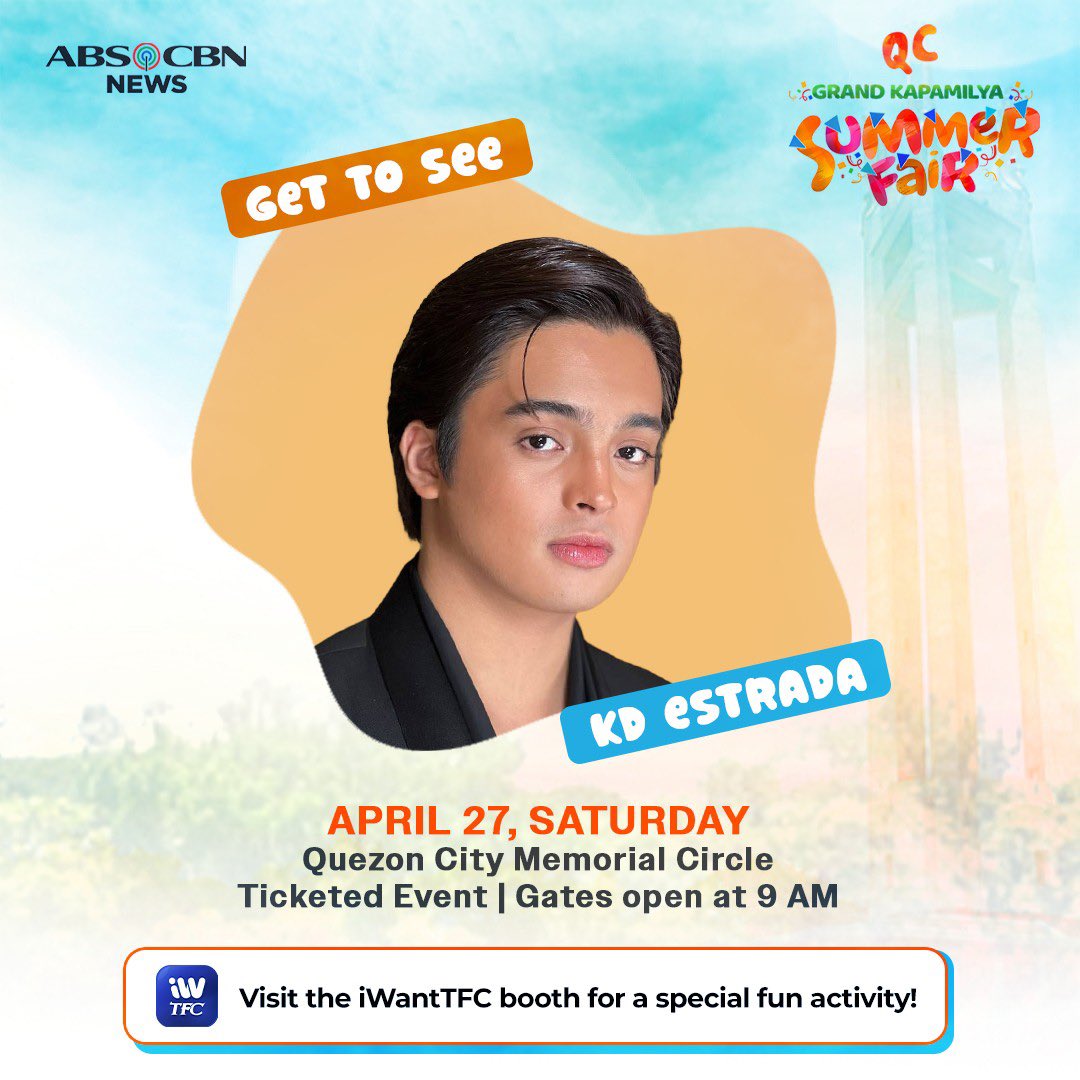 Tara na at makisaya sa Grand Kapamilya Summer Fair ngayong Sabado, April 27 sa Quezon Memorial Circle. Join na sa fun activity sa aming iWantTFC booth plus abangan ang special performance ni KD Estrada. See you there, Kapamilya! #KapamilyaFair #KDEstrada #TatakStarmagic…