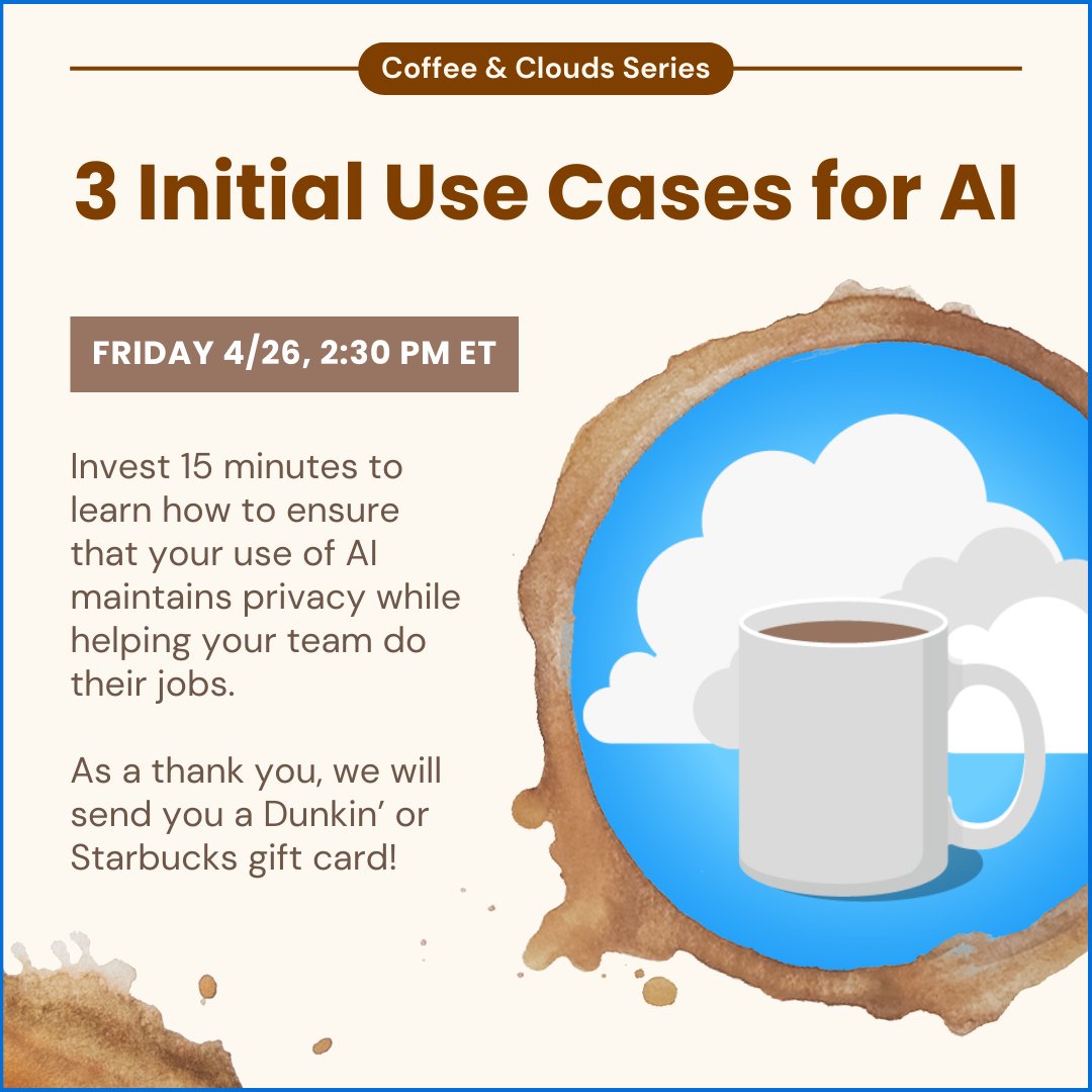 Reminder‼️ You can still register for our Coffee & Clouds online event tomorrow at 2:30 PM ET. bit.ly/3TV9Hke 

#SMB #Security #ManagedSecurity #ManagedCloudServices #Cybersecurity