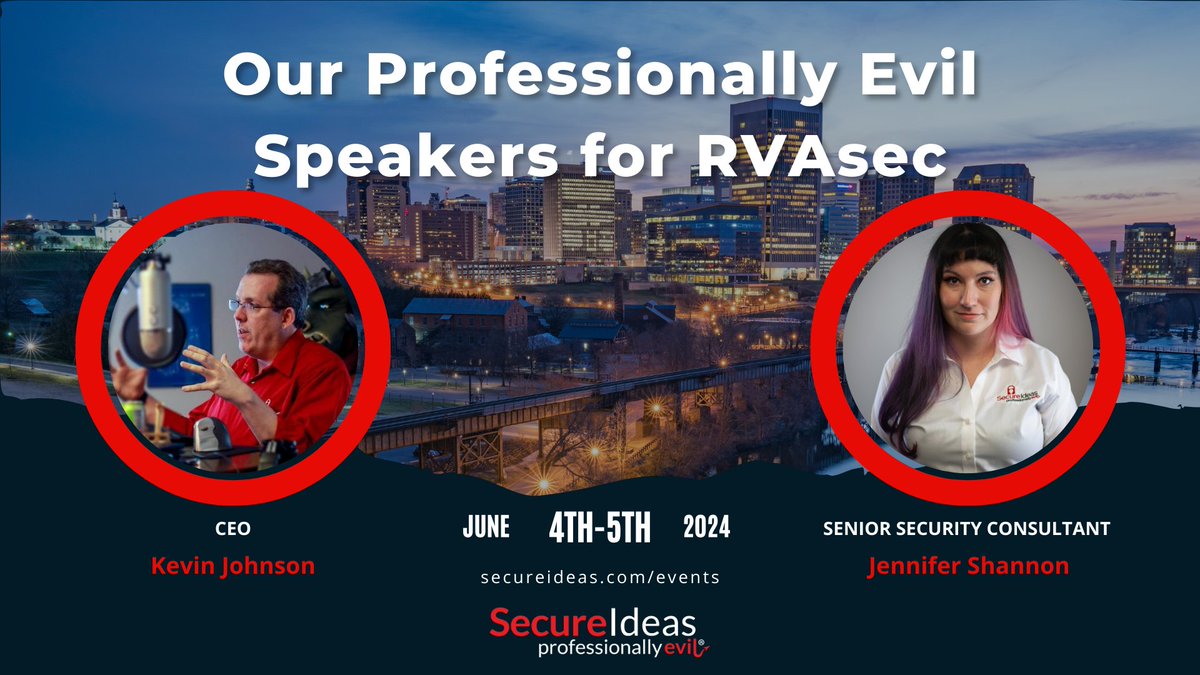 🎉 We're thrilled that our CEO, Kevin Johnson, and Senior Security Consultant, Jennifer Shannon, are speaking at RVAsec in Richmond, VA, this June! Join Kevin on June 4th at 4 PM EDT & Jennifer on June 5th at 2 PM EDT. hubs.la/Q02tQGcG0 to see our full list of events!