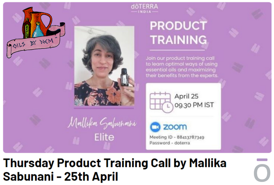 Dear doTERRA India,

Please join Mallika Sabunani – Topic – Pain Demystified: Exploring the Many Faces of Discomfort 
Date: April 25th, Thursday - Time: 9:30PM IST

#OilsByNem #NaturallyRooted #dōTERRA® #HealthAndWellness #Oils4Life #NaturalSolutions #EssentialOilsIndia #OilUp~!