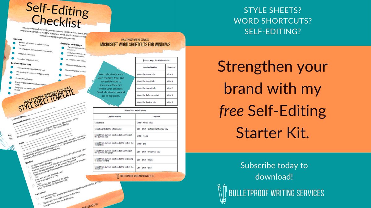 Good news! You don't have to start from editing scratch. Get a head start with my FREE Self-Editing Starter Kit when you sign up for my monthly newsletter at subscribepage.io/BulletproofBul…!

#StrongerTogether #Freebie #WritingCommunity #WriterWednesday #SelfPublishing #IndieAuthors