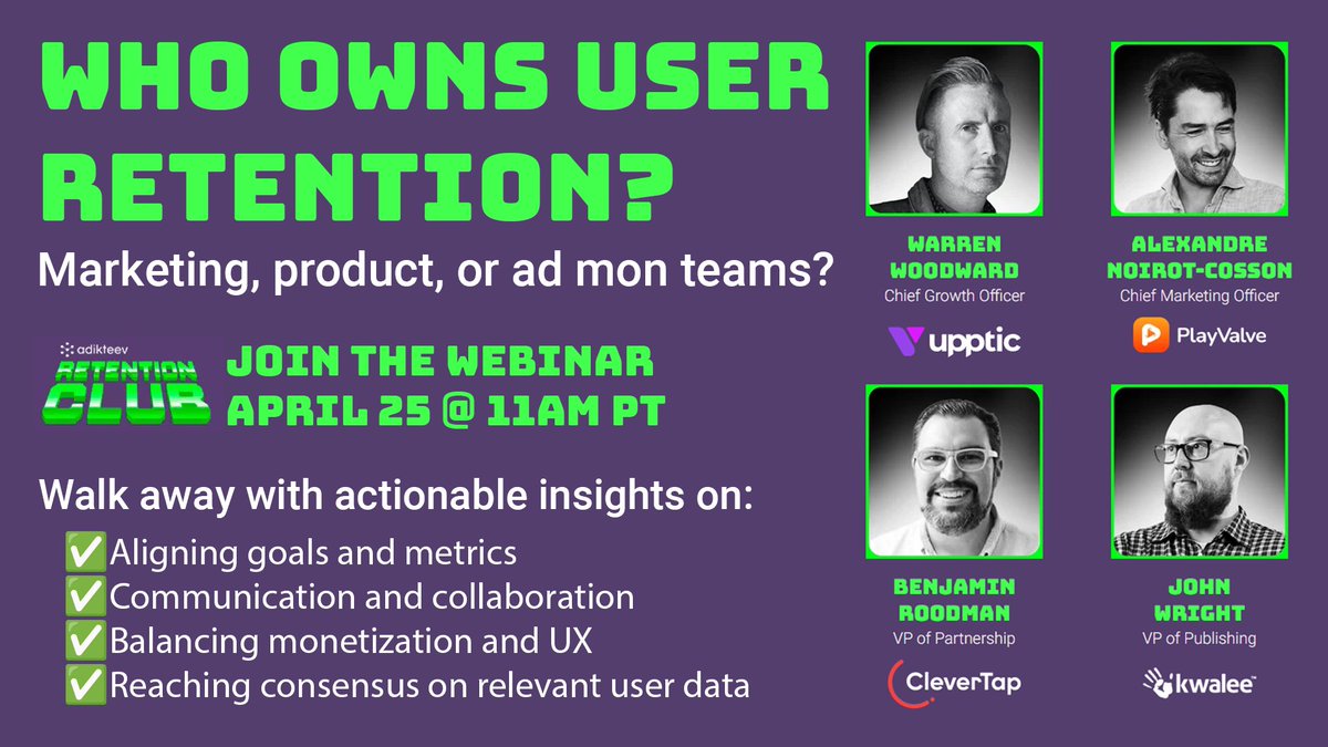 upptic's tweet image. Last chance to register for today's user retention webinar featuring Upptic, Playvalve, @CleverTap, @kwalee, and @Adikteev! Don't miss out on these great expert insights: hubs.la/Q02t2xMJ0

#Marketing #UserRetention #LTV #Mobile #Apps #Games