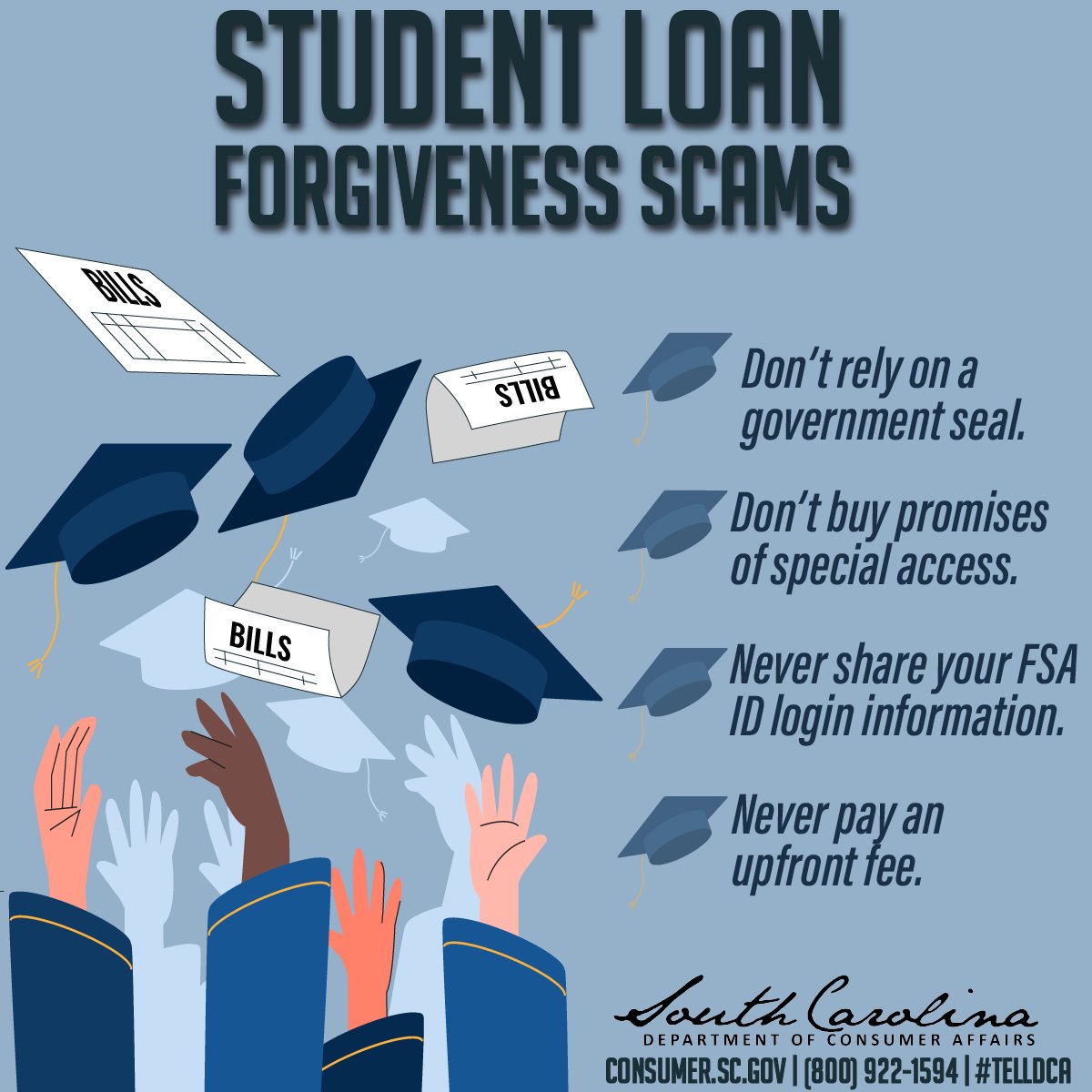 FTC warns students to be aware of scammers contacting you about your eligibility of a new loan forgiveness program. 
They have more information on this at consumer.ftc.gov/consumer-alert…

#SCDCA #TellDCA #FAFSA #StudentLoans #LoanForgiveness #Scam #Scammers