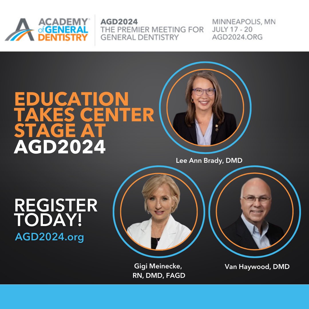 AGDdentist's tweet photo. Education takes center stage at AGD2024! Among the distinguished speaker line-up: Lee Ann Brady, DMD, Gigi Meinecke, RN, DMD, FAGD, and Van Haywood, DMD, offer a mixture of lecture and participation courses that will help elevate your practice. Learn more today! https://t.co/WICBHECa6p