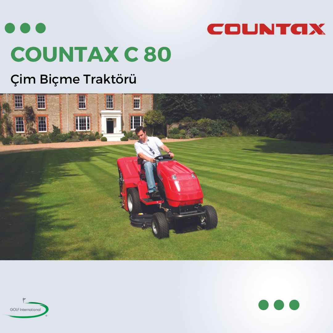 Countax C80 çim biçme traktörü; günlük 12.000 m2 kesim kapasitesi, 300 lt çim toplama sepeti, ıslak zeminde bile toplama yapabilen fırça sistemi ve motor ses izolasyonu gibi özellikleri ile çim biçme deneyimini profesyonelce yaşamanızı sağlıyor! #golfinternational #countax