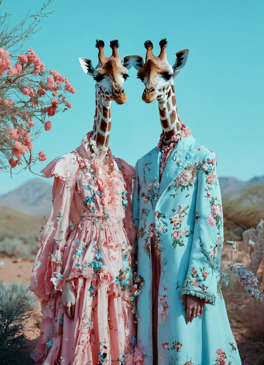 A couple of giraffes in pink floral gowns by Natalie Shau in 2019, trending. #GiraffeCouple #PinkFloralGowns #NatalieShau #DesertSetting #CuteAesthetic #GardenUtopia #PetraCollinsInspiration #NonBinaryDeity #SpringDeity #SonyWorldPhotographyAwards #MeredithGarnissArt