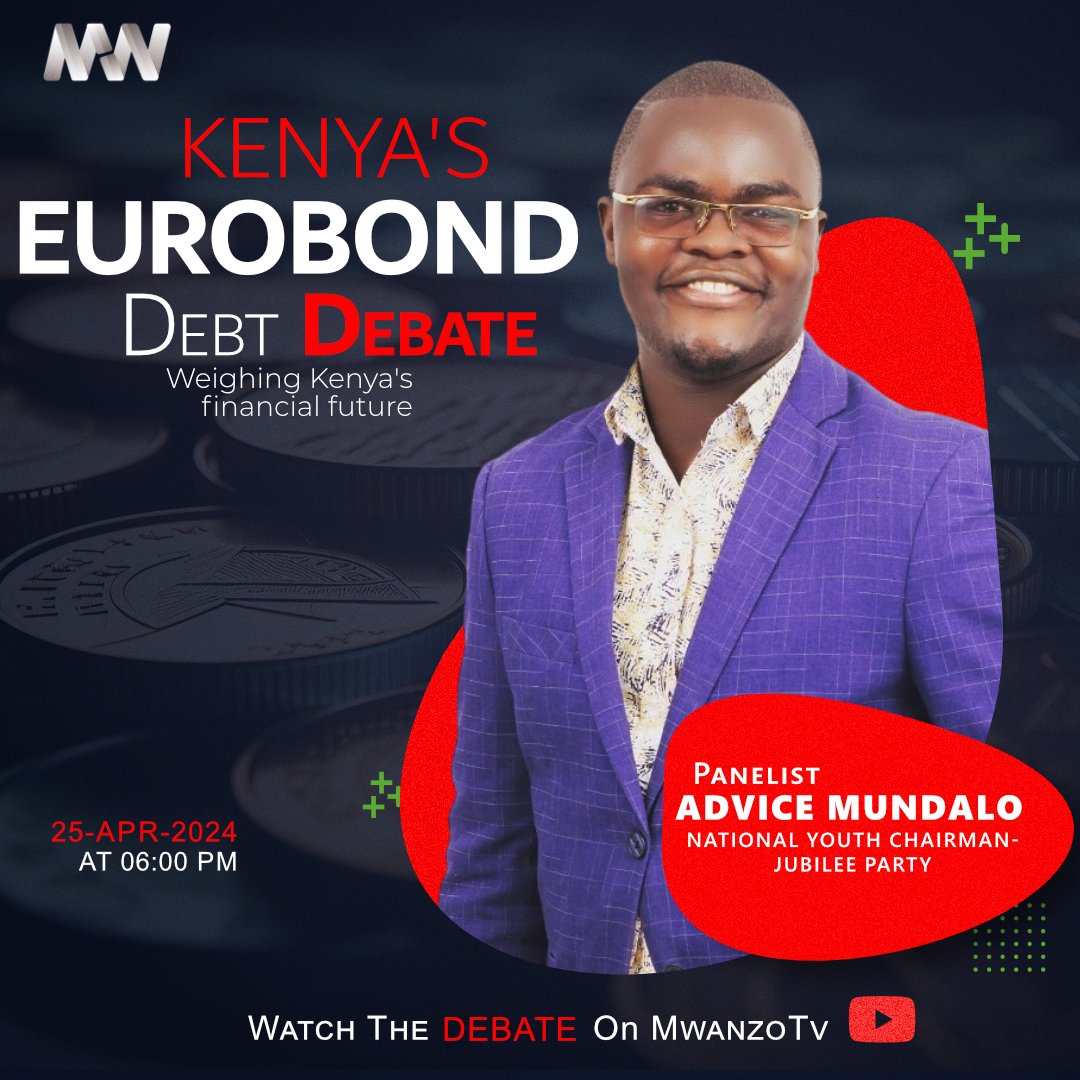 Outspoken Jubilee Party National Youth Chairman, @SirAdvice, delves into how today's politics, leadership, and governance are shaping the future and impacting the next generation on matters of national debt. 
Tune in at 6pm.
#EurobondKE #EurobondKenya #Eurobond