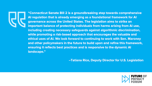 BREAKING: Last night, the CT Senate passed SB 2, a comprehensive risk-based approach to #AI governance. The bill, led by Sen. Maroney, is a significant step towards comprehensive AI regulation in the U.S. See FPF’s blog and Two-Page Fact Sheet. fpf.org/blog/setting-t…