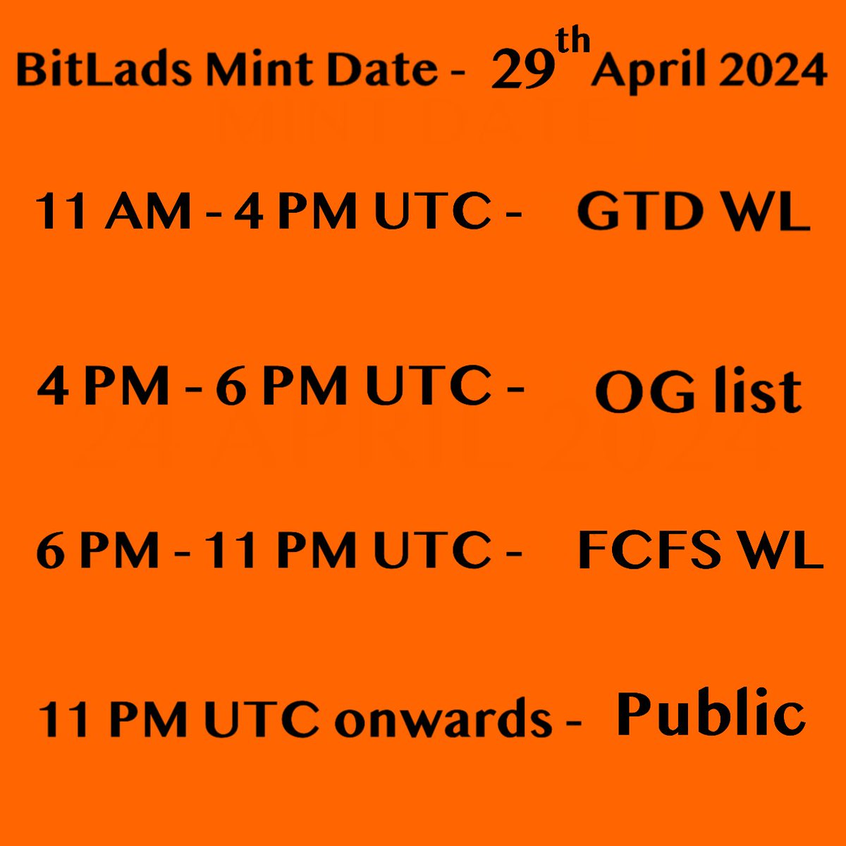 29 April 2024 - New Mint Date 🗓️🎊

10 x GTD WL spots 📝

🟧Drop your Ordinals wallet address 👇
🟧 Follow @BitladsBTC & @RcBossman 
🟧 Tag 3 friends 🫂
🟧 Like, retweet & 🔔

24 hrs ⏳